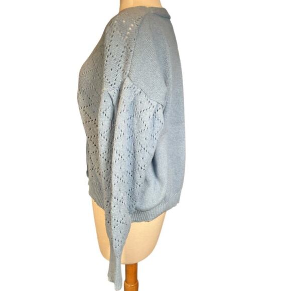 Nanette Lepore Blue Eyelet Knit Cardigan Sweater Faux Pearl Buttons Size Large - Picture 4 of 11